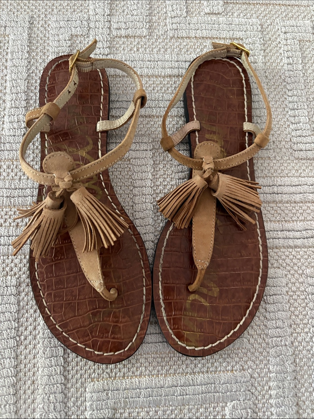 SAM EDELMAN Leila Sandals in Almond Suede with Tassels
